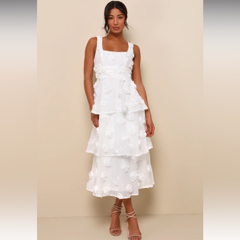 Exceptional Entrance White Sleeveless Tiered Rosette Midi Dress